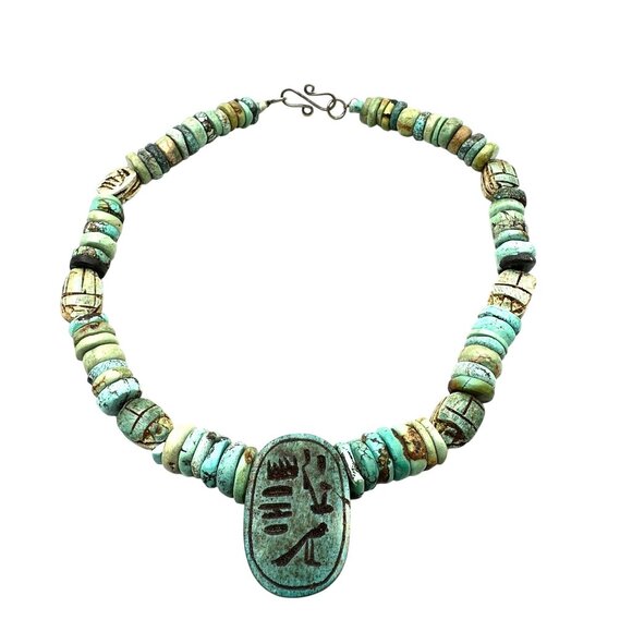 Rare Vintage Carved Blue Green Turquoise Scarb Sterling Silver Necklace 16 Inch - Picture 3 of 4